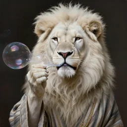 an anthropomorphic beautiful male furry anthro albino lion portrait blowing bubbles wearing stripes robe, curly hair, fine art, award winning, intricate, elegant, sharp focus, octane render, hyperrealistic, cinematic lighting, highly detailed, digital painting, 8 k concept art, art by jamie hewlett and z. w. gu, masterpiece, trending on artstation, 8 k