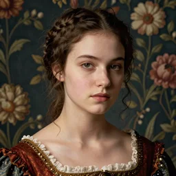 close - up portrait of beautiful androgynous young woman in renaissance dress, background with flowered wallpaper, art by sally mann