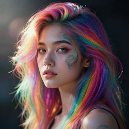 portrait art of a girl with fractal rainbow hair 8k ultra realistic , lens flare, atmosphere, glow, detailed, intricate, full of colour, cinematic lighting, trending on artstation, 4k, hyperrealistic, focused, extreme details, unreal engine 5, cinematic, masterpiece