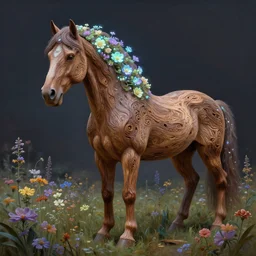 a stunning digital painting of a horse made of instricately engraved gnarled wood with a mane of bioluminescent flowers running through a field of flowers by greg rutkowski, flowercore, volumetric light, digital art, fine detail, photorealistic