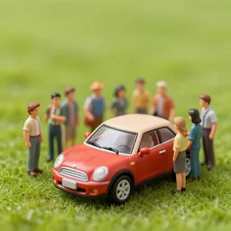 miniature crowd, in front of toy car, on a grass field, matte painting, smooth, sharp focus, highly detailed, trending on artstation