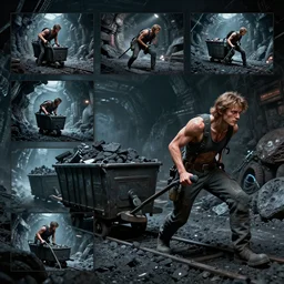 sadie sink as a miner pulling a mine cart. in a coal mine. storyboard, scifi cyberpunk. by gabriel hardman, joe alves, chris bonura. cinematic atmosphere, detailed and intricate, perfect anatomy