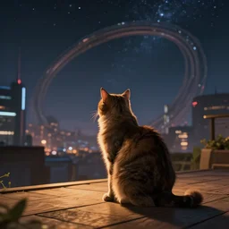 cat sitting on a wooden deck, staring into the sky, night, dramatic warm lighting, futuristic cyberpunk cityscape in background, stellaris concept art, realistic, ringworld structure in sky