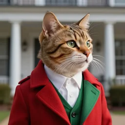 a cat wearing a red and green formal overcoat, hyperrealistic, concept art, octane render, unreal engine 5, realistic and defined face, profile picture, digital art, pixar and disney, symmetrical, high quality, highly detailed, high coherence, path traced, house background, low contrast, beautiful