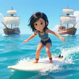 a beautiful round faced emo girl with beautiful eyes surfing on a surf board in a magical blue lagoon, pirate ships, clear water, palm trees, digital illustration, art by greg rutkowski, intricate, elegant, smooth, amazing detail, concept art, sharp focus, detailed face, cinematic lighting