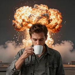 ultra realist render of a bomb explosion cloud background, daily clothed man drinking his coffee, partial symmetry accurate features, very intricate details, focus, award winning