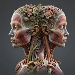 a beautiful detailed photo of a two sides rotten woman corpse morphing into fractal plants and fractal flowers and mushrooms, muscles, veins, anatomical, intricate, ornate, volumetric light, beautiful lit, romero ressendi