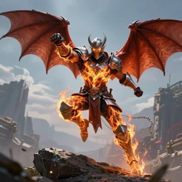 fiery chainmail-wearing bat-winged knight with glowing eyes leaping off a rock preparing to throw a punch, ultimate detail, cinematic, 8k, digital fantasy art by Steve Argyle, cgsociety, trending on artstation, video game cover art, smooth, sharp focus