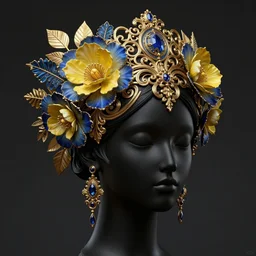beautiful black blue yellow, complicated gold and blue flowers in baroque style headwears, dark fantasy, intricate, elegant, highly detailed, digital painting, artstation, concept art, matte, 3 d 8 k octane rendered, sharp focus, illustration, octane rendered, art by artgerm and alphonse mucha, leesha hannigan