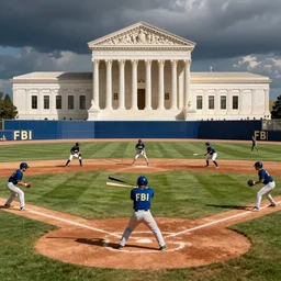 supreme court justices play a baseball game with the fbi. the fbi is at bat, the justices are on the field