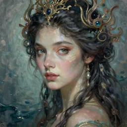 portrait of an impossibly beautiful sea goddess, graceful, esoteric, muted colors, head in focus, high fantasy art, ocean nature and sea aesthetics, ornamental, intricate details, elegant, highly detailed, hyperrealistic painting, artstation, concept art, painterly, sharp focus, illustration, epic art by emilia elfe