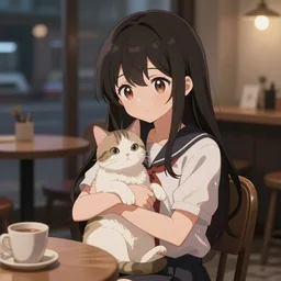 an anime girl sitting in a cafe while holding a cat, 8 k, high - resolution, midnight, dim, trending on artstation