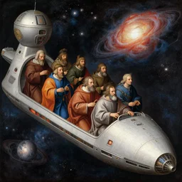 realistic, detailed, renaissance painting of priests traveling in a spaceship to spreading christianity throughout the galaxy.