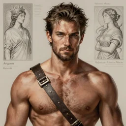 portrait of a rugged ranger, muscular, handsome, upper body, hairy torso, D&D, fantasy, intricate, elegant, highly detailed, digital painting, artstation, concept art, smooth, sharp focus, illustration, art by artgerm and Greg Rutkowski and Alphonse Mucha