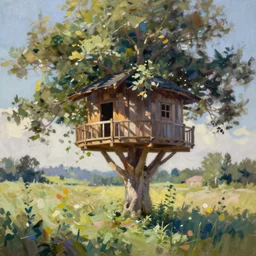treehouse in the countryside on a sunny day, peaceful, brush strokes, oil painting