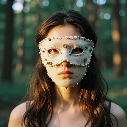 a portrait photography of a woman wearing a mask made of wire, linen, and jewels, in a forest, golden hour, cinematic, Kodak Portra 800 film