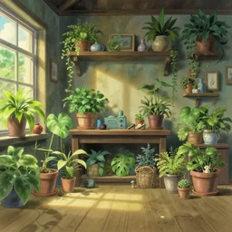 studio ghibli style room full of plants and little objects kp