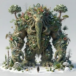 a giant creature in a lush trunda vegetation, snow snow, spring : : by michal karcz, daniel merriam, victo ngai and guillermo del toro : : ornate, dynamic, particulate, intricate, elegant, highly detailed, centered, artstation, smooth, sharp focus, octane render, 3 d