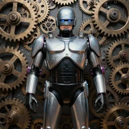 RoboCop made out of clock gears , subject in the center of the frame, wide angle shot, diffuse lighting, fantasy, intricate, elegant, highly detailed, lifelike, photorealistic, digital painting, illustration, concept art, smooth, sharp focus, A24!film cinematography