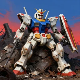 sci - fi art, mutilated gundam in a pile of dead robots and junk, in bits and pieces, rust and damages, red and blue hour, art by ismail inceoglu