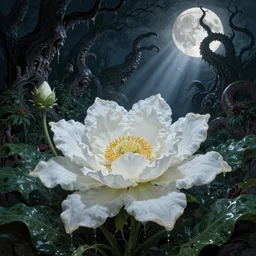 big white flower, on arkham horror background at night, evil fluid, lush plants, insane, giant tentacles, lovecraft, full bloody moon, light rays, gnarly trees by tom bagshaw, mucha, gaston bussiere, craig mullins, j. c. leyendecker 8 k