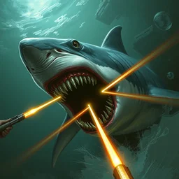 concept art of shark attack, lovecraftian, lots of teeth, melting horror, fighting the horrors of the unknown with laser guns