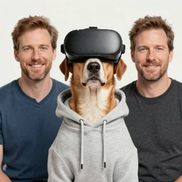 portrait of dog in hoodie with vr helmet by greg hildebrandt and michael hutter