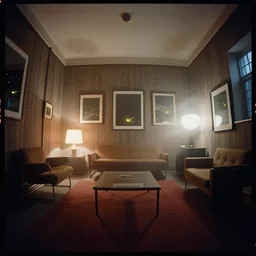 kodak portra 4 0 0, wetplate, 8 mm extreme fisheye, award - winning portrait by britt marling of a hall in bauhaus style, fire flies, picture frames, shining lamps, dust, smoke bauhaus furniture, wallpaper, carpet, interior, muted colours, fog