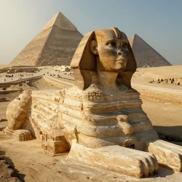 an scene of an intricate hyper detailed sphynx in giza, cinematic lighting, bird's - eye view