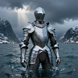 suit of armor, made of liquid, made of water, rising up from ocean, water armor, norway fjord, medium close up portrait, studio lighting, stormy seas, beautiful, bokeh, snowy, storm clouds, god rays, d & d, fantasy, elegant, low key color palette, concept art, roger deakins and greg rutkowski and alphonse mucha