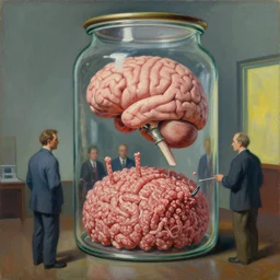 giant minced meat processors controlled by a giant brain in a jar, dystopian, pj crook, edward hopper, oil on canvas