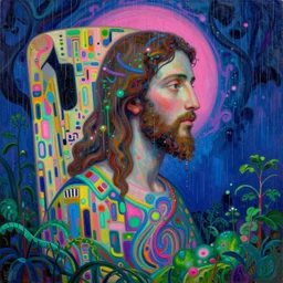 8 0 s art deco jesus as aeon flux profile picture, rain like a dream, oil painting, cinematic, symmetrical, surreal, overgrown, dramatic, dreamlike, bold, cyberpunk, basquiat + zdzisław beksinski + james jean + moebius + francis bacon + gustav klimt, textural, pink, blue, purple, green, fluid lines, smooth render, organic volumetric lights, greenery, comfortable, octane render, psychedelic, otherworldly, weird, vaporwave, interesting details, fantasy lut, epic composition, 8 k,