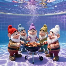 a portrait photograph of dwarfs having a barbecue underwater in a swimming pool in a sunny da, purple color scheme,