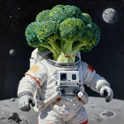 A hyper real comic book style portait painting of a broccoli astronauts on the moon, unreal 5, hyperrealistic, octane render, cosplay, RPG portrait, dynamic lighting