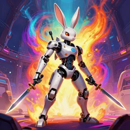 anthropomorphic rabbit robot with human characteristics holding daggers, in a futuristic arena, digital art, epic composition, fantasy cyberpunk, explosion of color, highly detailed, in the style of jakub rebelka artstation, in the style of jake parker, in the style of conrad roset, swirly vibrant colors, sharp focus