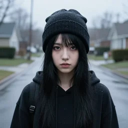 an emo goth girl, black hair, wearing a beanie in the rain on a suburban street