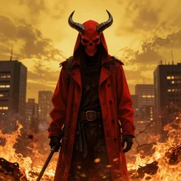 Red grim reaper watching over a city in flames, yellow sky, 8k resolution