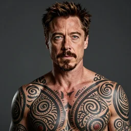 studio shot close - up of tony stark with ta moko maori tatoo, high definition photo