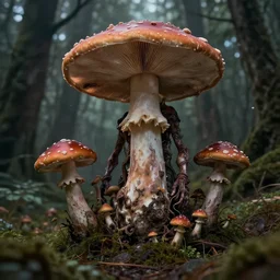 a human mutated with mushrooms, apocalyptic style