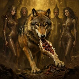 epic professional digital art of hungry like the wolf, eerie dim gold lighting, painted, intricate, detailed, detailed, foreboding, by leesha hannigan, wayne haag, reyna rochin, ignacio fernandez rios, mark ryden, iris van herpen, hdr, epic, stunning, gorgeous, much wow, cinematic, masterpiece