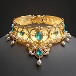 historical, art nouveau, ornate, delicate, pearls and cyan gemstone choker, glowing inside, shiny gold, octane render, realistic, dramatic light, 3 d, photograph 4 k,