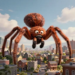 giant furby spider attacking a small town