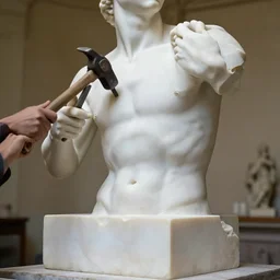 an artist sculptures his own upper body out of a white cubic block of marble using a hammer and chisel, intricate, highly detailed, in the style of michaelangelo