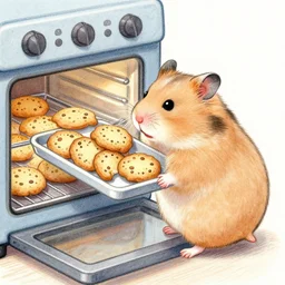 light brown hamster holding a tray full of cookies near a oven, to bake them, colorful drawing, pencil