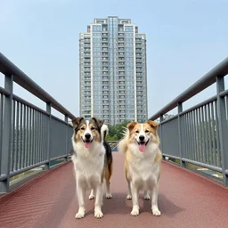 a photo of two dogs in a bridge to a building in the sky