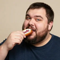 a fat guy with black beard eating an entire viennetta