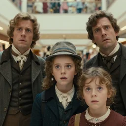 sharp, highly detailed, high quality 7 0 mm frame scan from a sci fi blockbuster color movie made in 2 0 1 9, a family of four time travelers from 1 8 7 0 travel to 2 0 1 9, appearing in a shopping mall, looking confused, the family are all wearing 1 8 7 0 s era clothes, good cinematic lighting, in focus, cinematic still, high quality scan, in focus, 3 5 mm macro lens, detailed eyes, realistic faces and details, award winning lighting, award winning photography, ultra high definition
