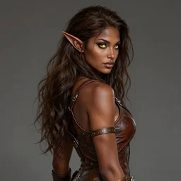 full portrait of alluring elf huntress, looking from behind, leather suit, wild brunette hair, brown skin, huge golden eyes, looking at the camera, high fantasy, dnd, extremely detailed, smooth, sharp focus, digital illustation, by rossdraws, sakimichan, wlop