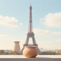clay pot overlooking paris eiffel tower, light pastel blue sky and clouds in the background, softly - lit, soft - warm, zen, light, modern minimalist f 2 0 clean