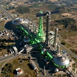 satellite view imagery of advanced alien civilisation with large public transport. Green glowing factory. Extreme zoom, housed visible.
